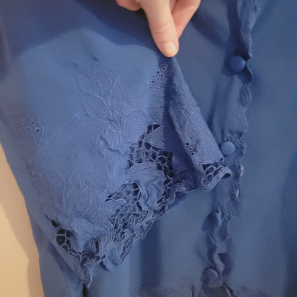 Soft Surrounding Sapphire Embroidered Trim Button Up Blouse Top - Picture 6 of 13